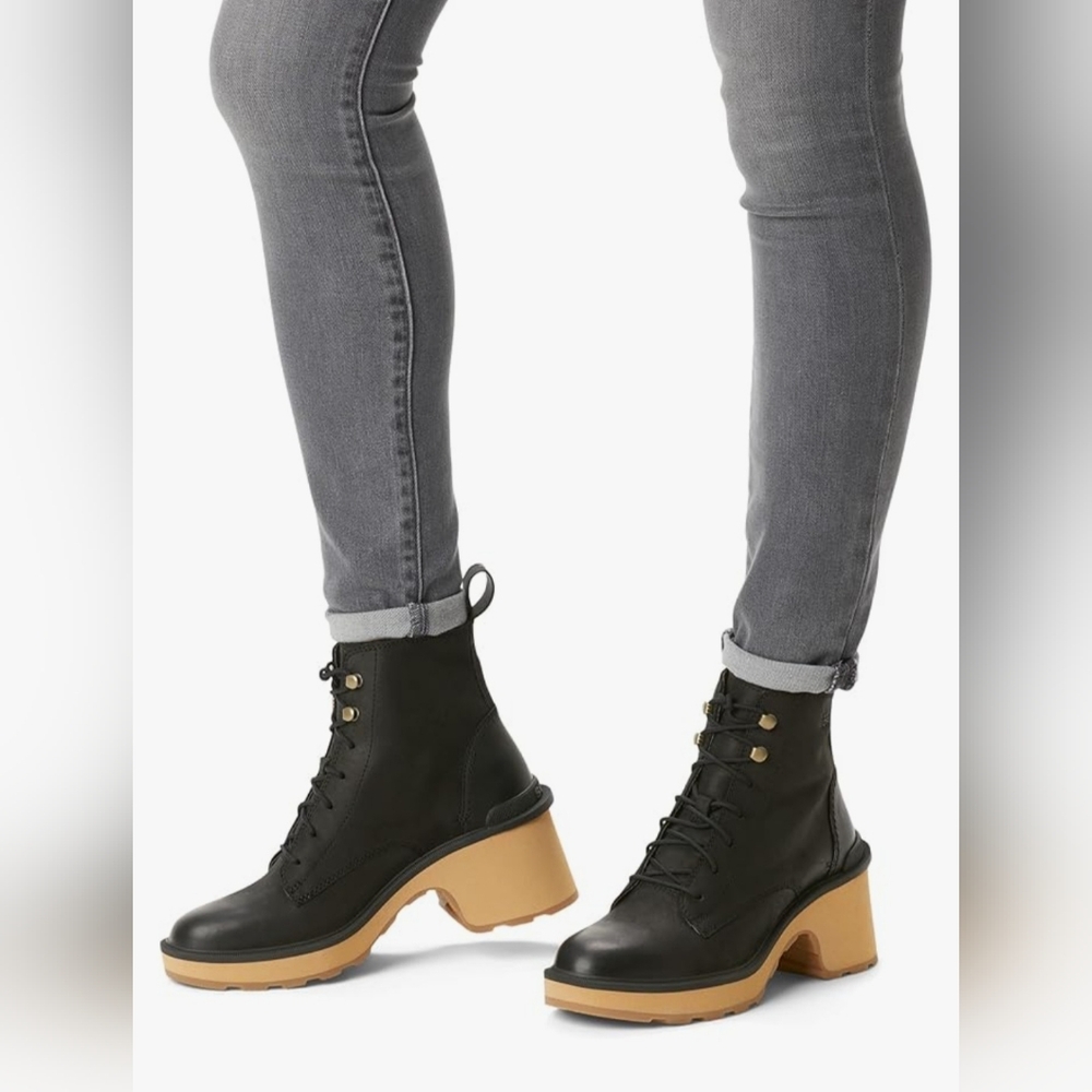 Sorel Black Leather Lace-Up Block Heel Boots with Tan Sole